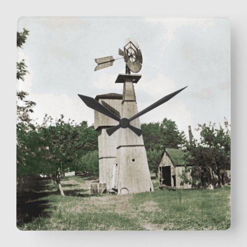 Windmill Rural Farm 1890s Colorsplash Watercolor Square Wall Clock