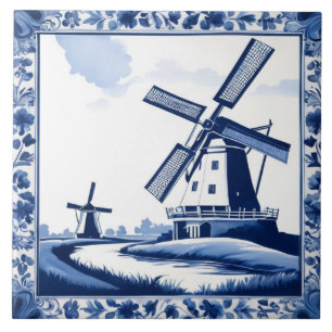 Windmill Traditional Dutch Delft Blue and White Ceramic Tile