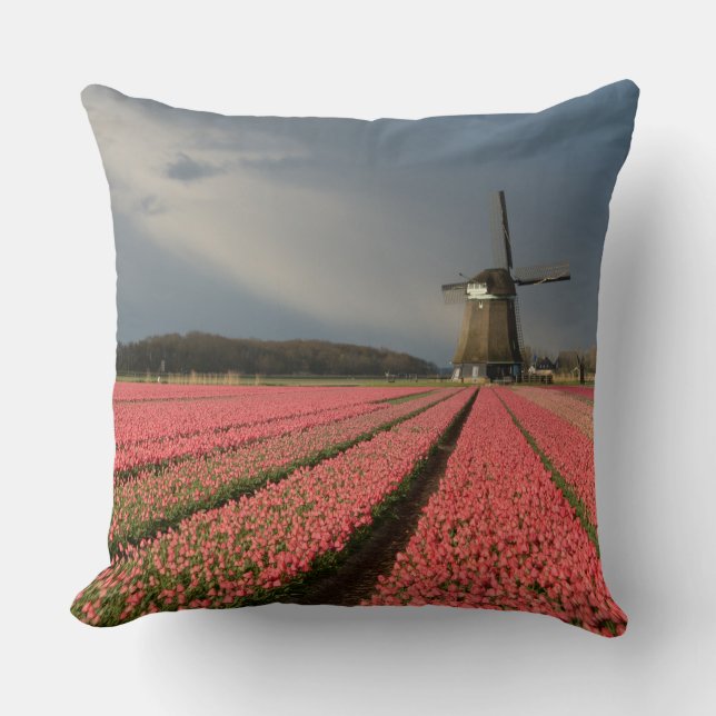 Windmill with pink tulips in spring throw pillow (Front)