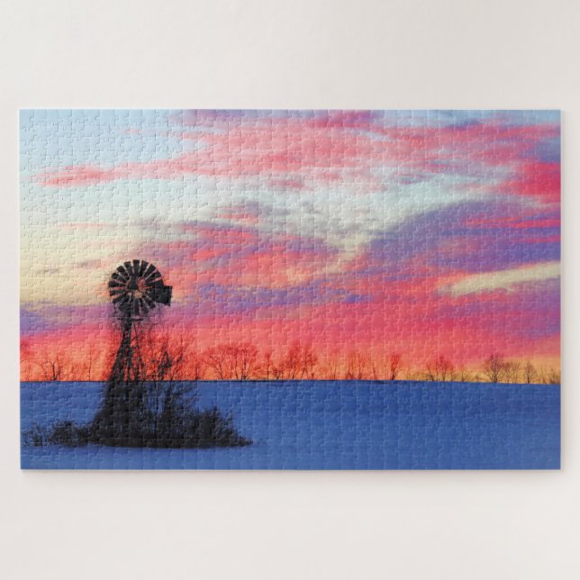 Windmill with Winter Pink Sunrise Jigsaw Puzzle (Horizontal)