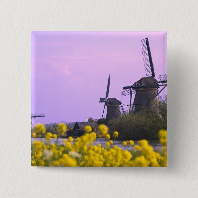 Windmills along the canal in Kinderdijk, Pinback Button (Front)
