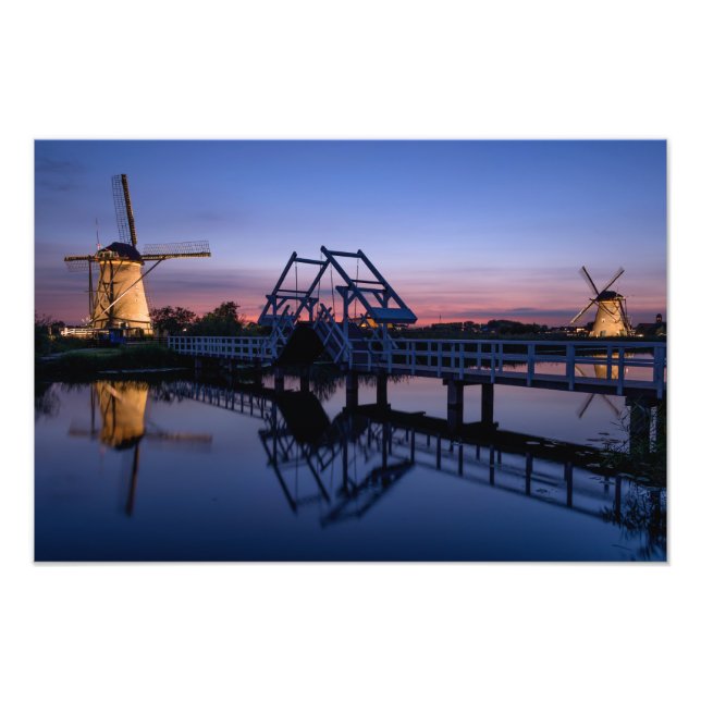 Windmills and a drawbridge at sunset print (Front)