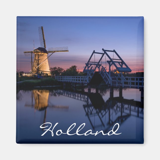 Windmills and a drawbridge at sunset text magnet (Front)