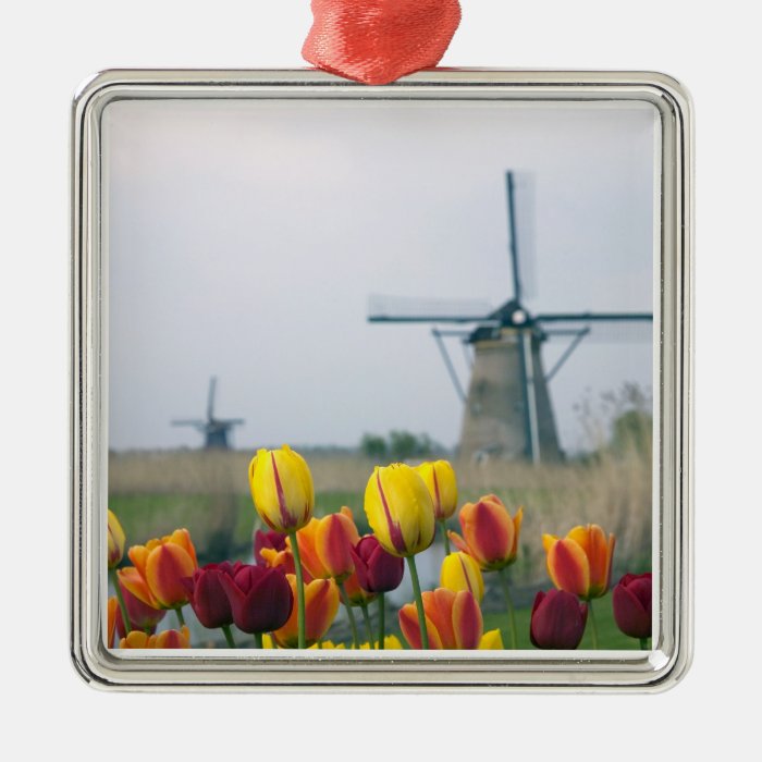 Windmills and tulips along the canal in ornaments