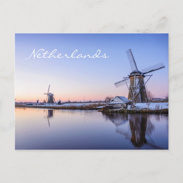 Windmills at a winter sunrise in Holland text card (Front)