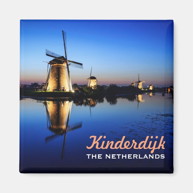 Windmills at Blue Hour in Kinderdijk text magnet (Front)