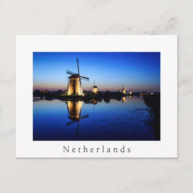 Windmills at Blue Hour white Netherlands postcard (Front)