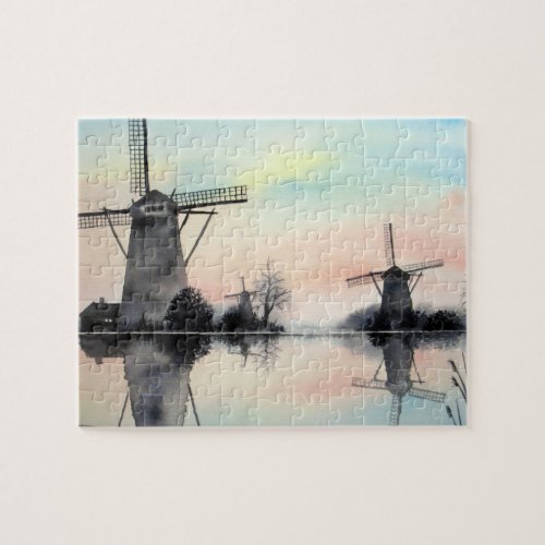 Windmills at Dawn Kinderdijk Holland Painting Jigsaw Puzzle