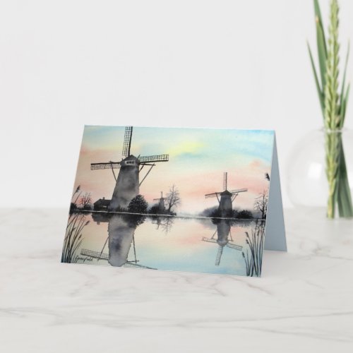 Windmills at Dawn Watercolor Landscape Painting Thank You Card