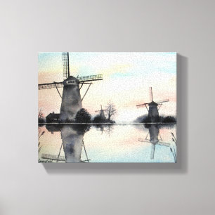 Windmills at dawn Watercolor Painting Canvas Print