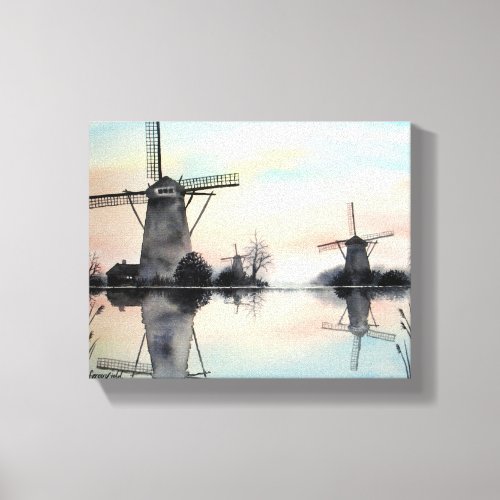 Windmills at dawn Watercolor Painting Canvas Print