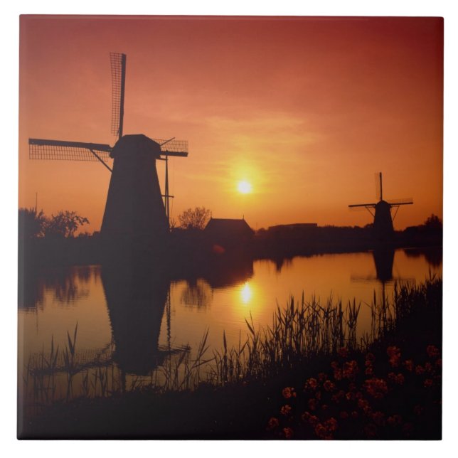 Windmills at sunset, Kinderdijk, Netherlands Ceramic Tile (Front)