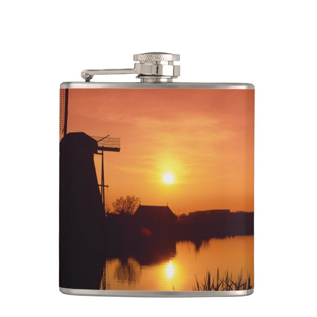 Windmills at sunset, Kinderdijk, Netherlands Flask (Front)