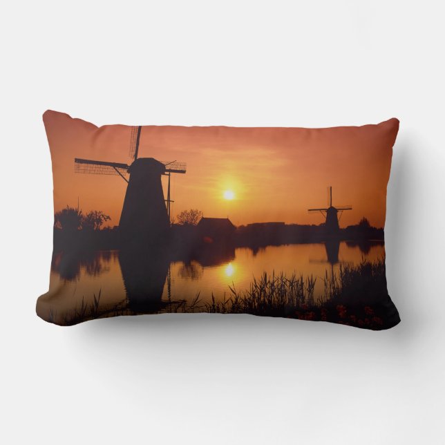 Windmills at sunset, Kinderdijk, Netherlands Lumbar Pillow (Front)