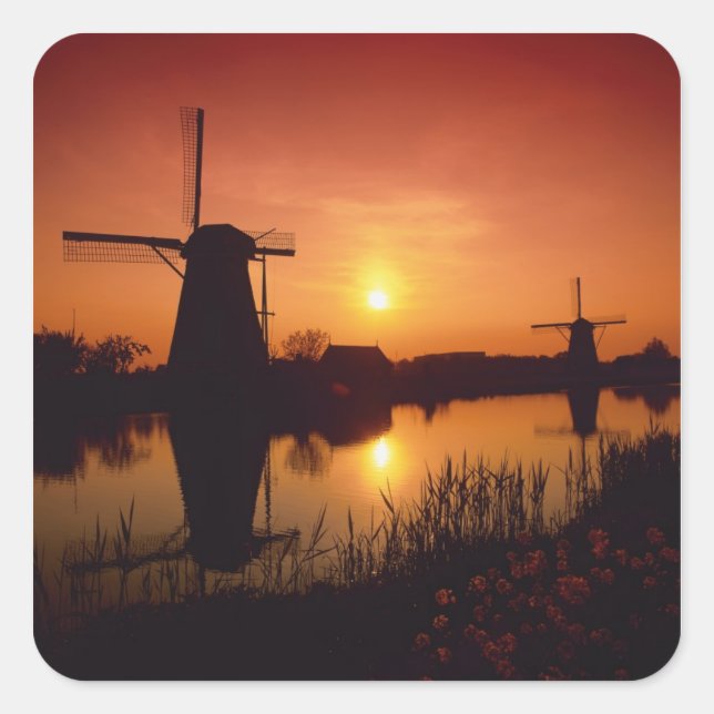 Windmills at sunset, Kinderdijk, Netherlands Square Sticker (Front)