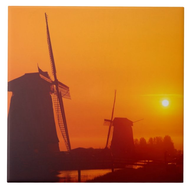 Windmills at sunset, Schermerhorn, Netherlands Ceramic Tile (Front)