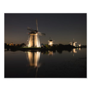 Windmills illuminated at night photo print