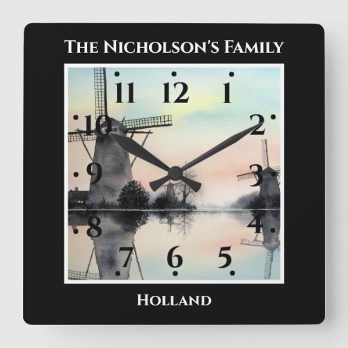 Windmills in Kinderdijk Watercolor Painting Black Square Wall Clock