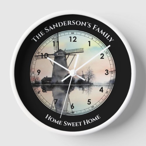 Windmills in Kinderdijk Watercolor Painting  Clock