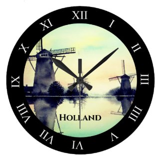 Windmills in Kinderdijk - Watercolor Painting Large Clock