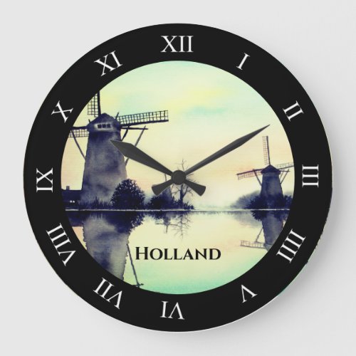 Windmills in Kinderdijk _ Watercolor Painting Large Clock