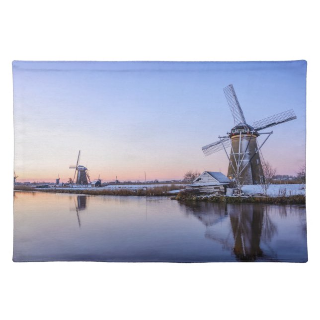 Windmills in winter at sunrise, Holland placemat (Front)