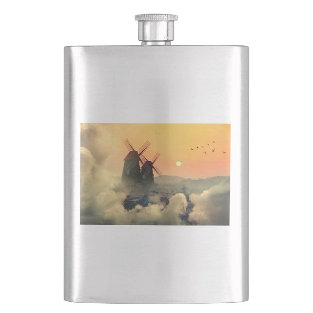 Windmills Mountains and Clouds Flask (Front)
