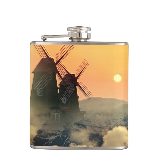 Windmills Mountains and Clouds Flask (Front)