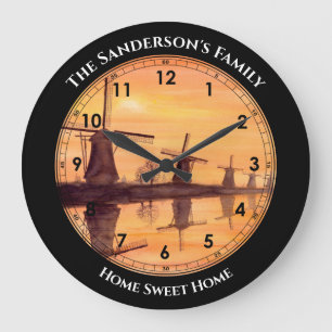 Windmills Sunset Kinderdijk - Watercolor Painting  Large Clock