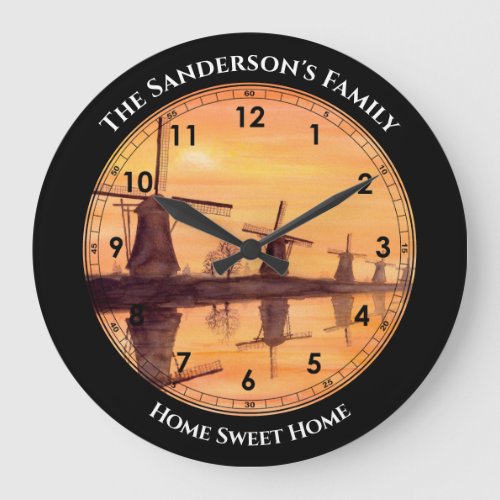 Windmills Sunset Kinderdijk _ Watercolor Painting  Large Clock