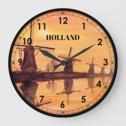 Windmills Sunset Kinderdijk _ Watercolor Painting Large Clock