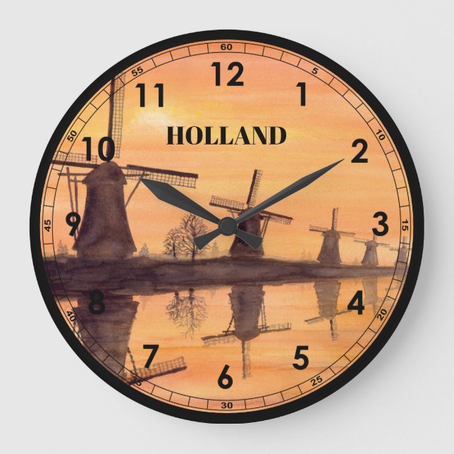 Windmills Sunset Kinderdijk - Watercolor Painting Large Clock (Front)