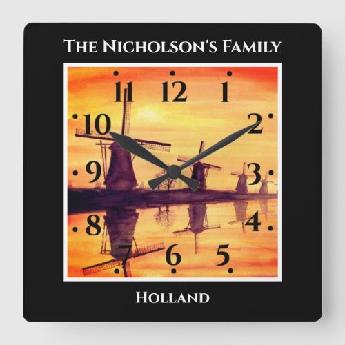 Windmills Sunset Kinderdijk _ Watercolor Painting Square Wall Clock
