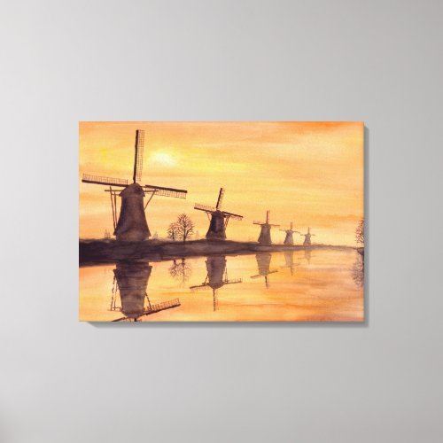 Windmills Sunset Watercolor Painting Canvas Print