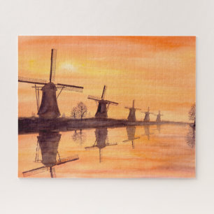Windmills Sunset Watercolor Painting Jigsaw Puzzle