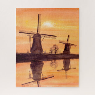 Windmills Sunset - Watercolor Painting Jigsaw Puzzle