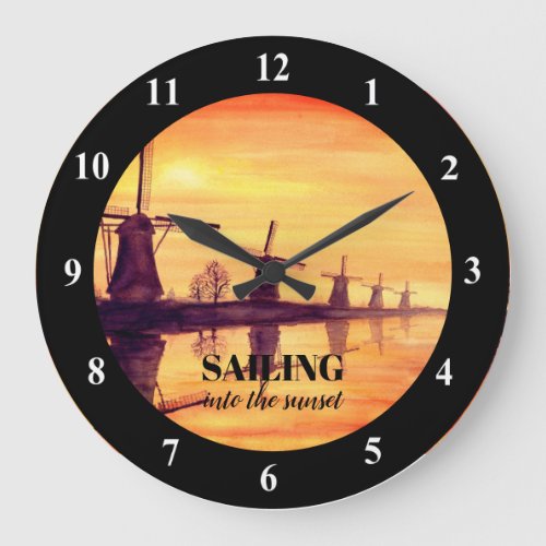 Windmills Sunset _ Watercolor Painting Large Clock