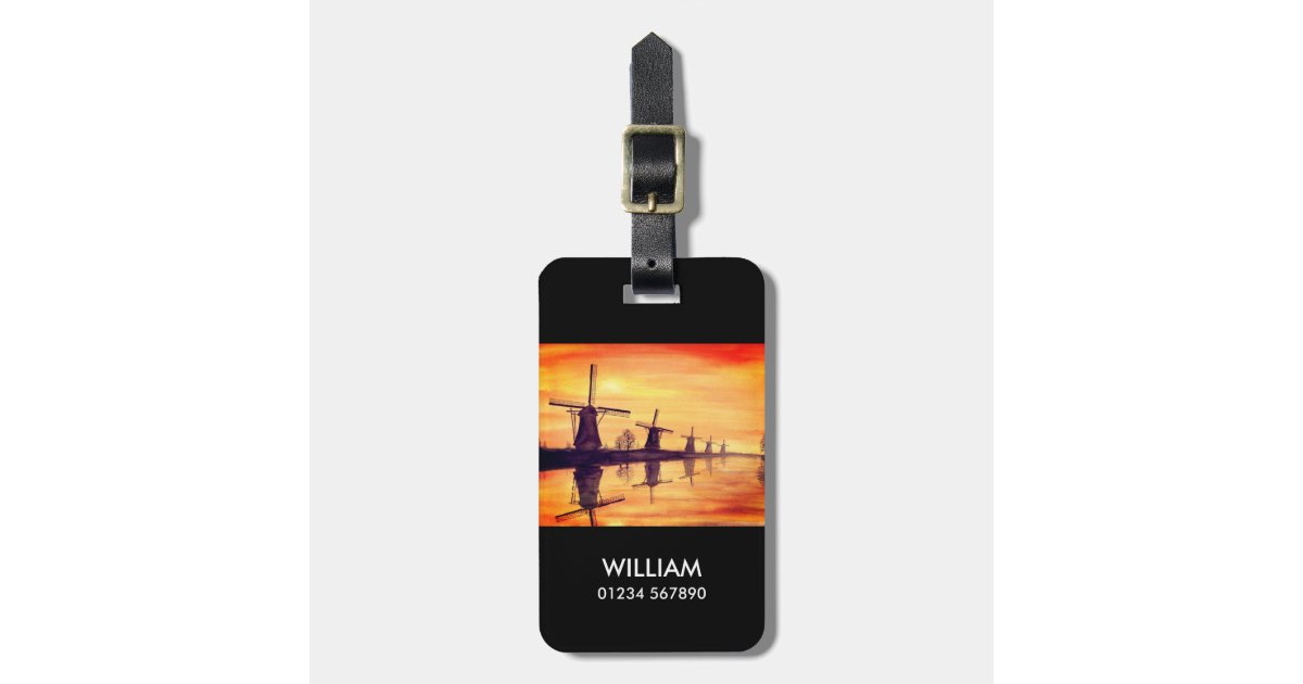 Windmills Sunset Watercolor Painting Luggage Tag Zazzle Com