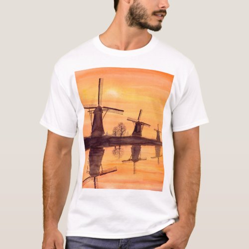 Windmills Sunset _ Watercolor Painting T_Shirt