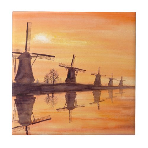 Windmills Sunset _ Watercolor Painting Tile
