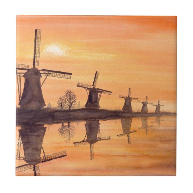 Windmills Sunset - Watercolor Painting Tile (Front)