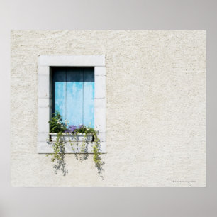 Window and window-box of flowers in plain wall poster
