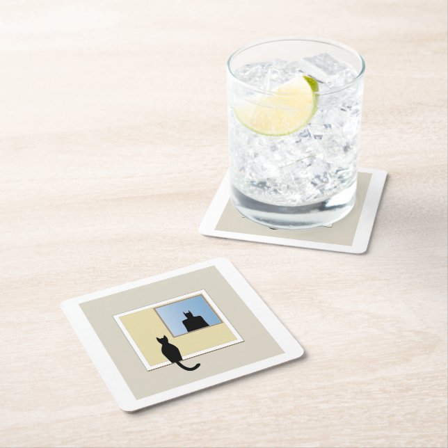Window Cat Square Paper Coaster (Insitu)