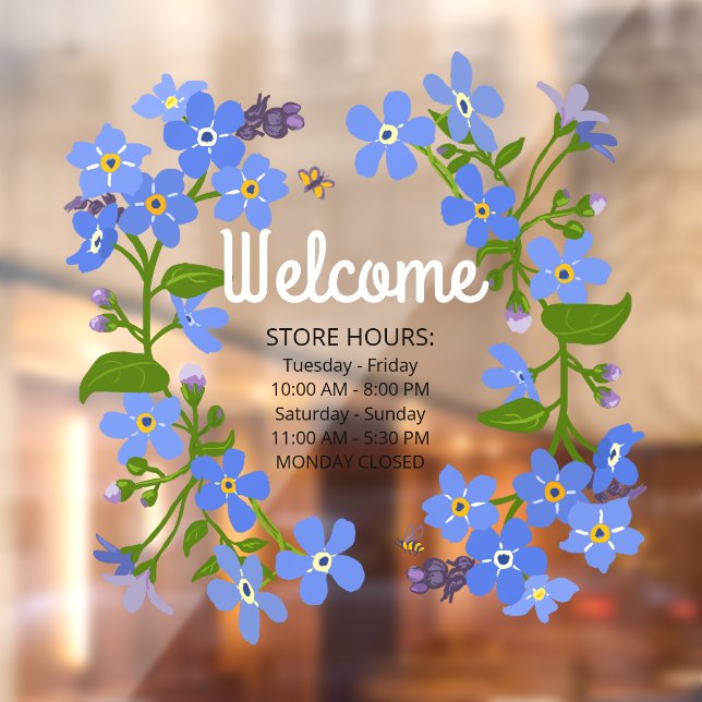 Window cling store hours Welcome blue flowers (Sheet 2)