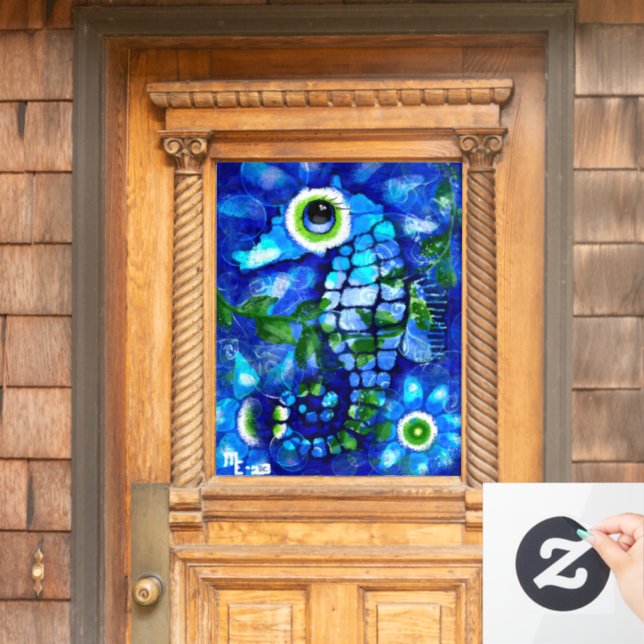 Window Cling Whimsical Big-Eyes Seahorse Art Blue (Home Door)