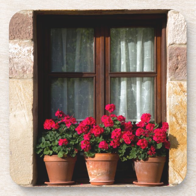 Window flower pots in village drink coaster (Front)