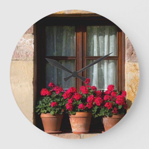 Window flower pots in village large clock