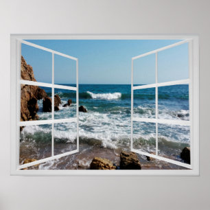 Window Frame with Rocky Ocean Coast and Waves Poster