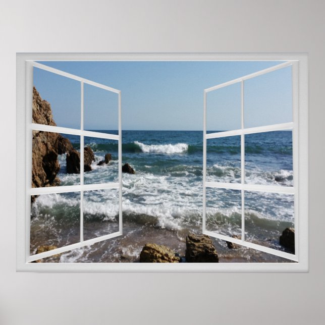 Window Frame with Rocky Ocean Coast and Waves Poster (Front)