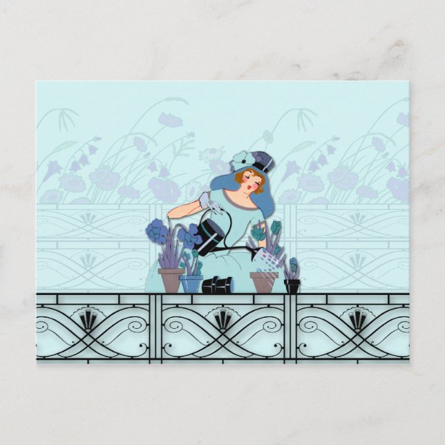 WINDOW GARDEN, ART DECO LADY: FRENCH BLUE POSTCARD (Front)